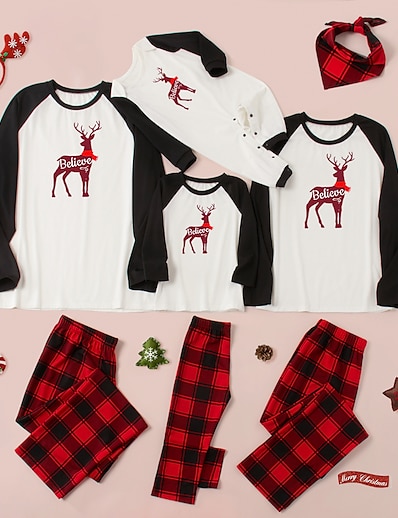 저렴한 Family Matching Outfits-패밀리 룩 크리스마스 파자마 일상 체크무늬 디어 문자 패치 워크 화이트 블랙 그레이 긴 소매 일상 일치하는 의상 / 가을 / 겨울 / 귀여운 스타일 / 프린트