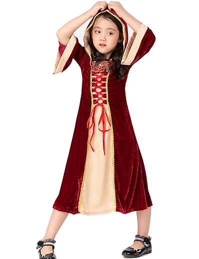 cheap Historical &amp; Vintage Costumes-Witch Priestess Costume Party Prom Girls&#039; Child&#039;s Teen Retro Vintage Medieval Halloween Festival / Holiday Velvet Drak Red Easy Carnival Costumes / Dress / Dress