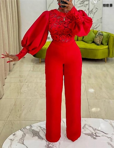 cheap Jumpsuits &amp; Rompers-Women&#039;s Jumpsuit Solid Color Flower Lace Formal Crew Neck Straight Birthday Party Evening Long Sleeve Regular Fit Bishop Sleeve Red S M L Fall