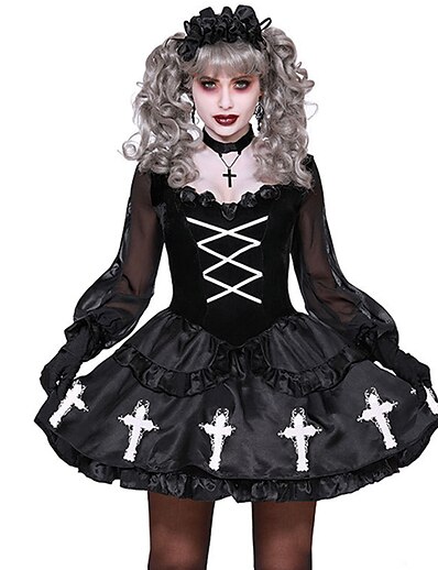 cheap Anime Cosplay-Witch Annabelle Costume Party Prom Women&#039;s Teen Adults&#039; Gothic Lolita Halloween Festival / Holiday Tulle Flannel Black Women&#039;s Easy Carnival Costumes / Dress / Gloves / Headwear / Necklace