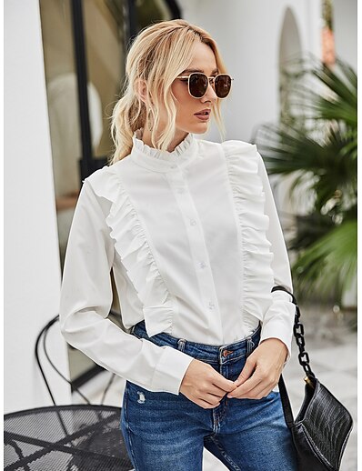 cheap Women&#039;s Tops-Women&#039;s Work Blouse Shirt Long Sleeve Plain Standing Collar Ruffle Button Business Streetwear Tops Regular Fit White