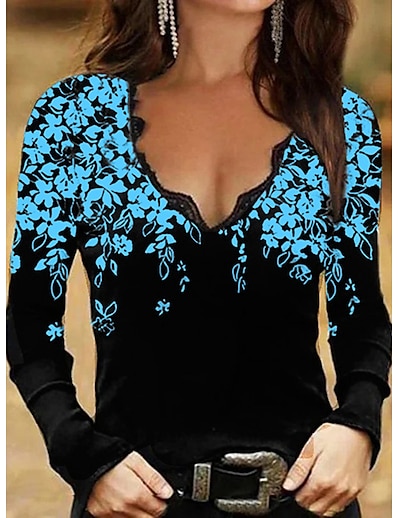 cheap Women&#039;s Tops-Women&#039;s Blouse Shirt Floral Theme Long Sleeve Floral Graphic V Neck Lace Trims Print Casual Streetwear Tops Regular Fit Blue Purple White