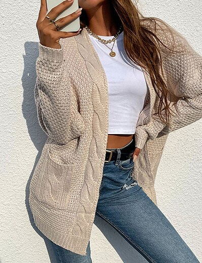cheap Sweaters &amp; Cardigans-Women&#039;s Cardigan Solid Color Knitted Stylish Long Sleeve Sweater Cardigans Fall Winter Open Front Blushing Pink Brick red Gray