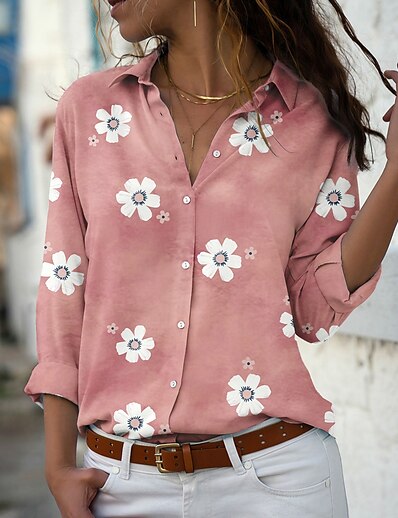 cheap Women&#039;s Tops-Women&#039;s Blouse Shirt Floral Theme Floral Graphic Daisy Shirt Collar Button Print Casual Streetwear Tops Green Blue Gray / 3D Print