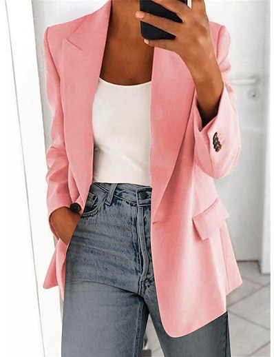 hesapli Kadın Dış Giyim-Kadın&#039;s Blazer Klasik Stil Tek Renk İş Uzun Kollu Ceket Düğün Partisi Sonbahar Bahar Normal Ceketler Pembe / Büyük Boy
