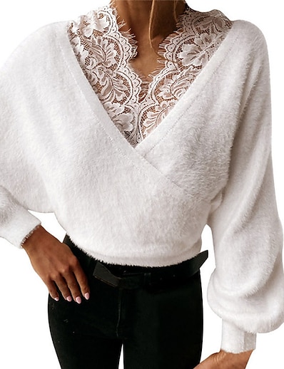저렴한 스웨터 &amp; 가디건-여성용 풀오버 스웨터 점퍼 한 색상 니트 레이스 트림 세련 캐쥬얼 소프트 긴 소매 보통 스웨터 가디건 가을 겨울 V 넥 밝은 브라운 화이트