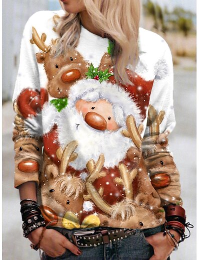 cheap Women&#039;s Tops-Women&#039;s 3D Reindeer Brown Sweatshirt Pullover Print 3D Print Christmas Christmas Gifts Sports Streetwear Christmas Hoodies Sweatshirts  White