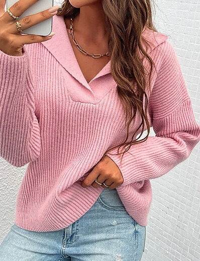 cheap Sweaters &amp; Cardigans-Women&#039;s Sweater Solid Color Knitted Stylish Long Sleeve Sweater Cardigans Fall Winter V Neck Blue Blushing Pink Gray