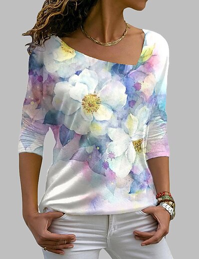 cheap Women&#039;s Tops-Women&#039;s T shirt Floral Theme Painting Floral Graphic V Neck Print Basic Elegant Tops Green Blue White / 3D Print