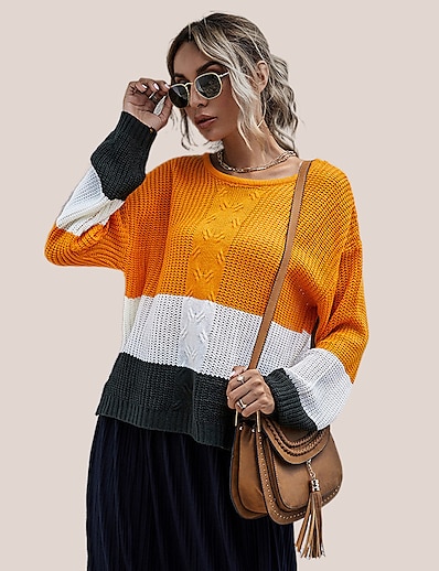 cheap Sweaters &amp; Cardigans-Women&#039;s Pullover Color Block Long Sleeve Sweater Cardigans Fall Winter Crew Neck Yellow