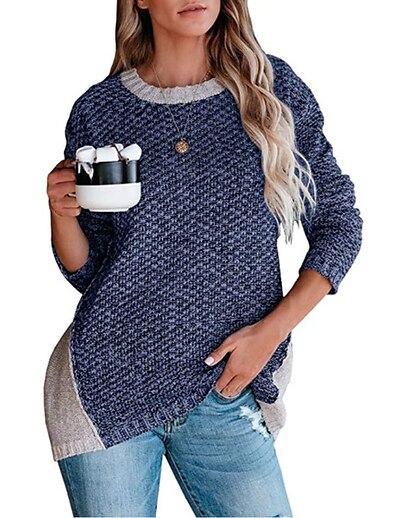 cheap Sweaters &amp; Cardigans-Women&#039;s Pullover Sweater Jumper Solid Color Knitted Stylish Casual Soft Long Sleeve Sweater Cardigans Fall Winter Crew Neck Blue Wine Gray