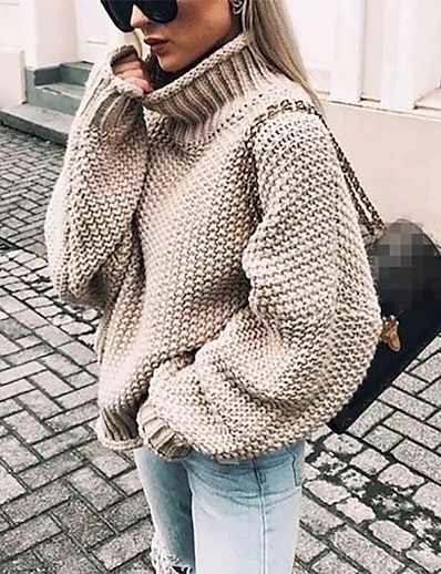 cheap Women&#039;s Outerwear-Women&#039;s Sweater Pullover Jumper Solid Color Knitted Basic Casual Chunky Long Sleeve Loose Sweater Cardigans Fall Winter Turtleneck Light Blue Green White