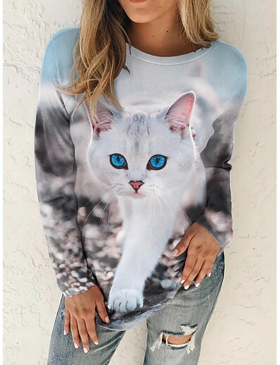 cheap Women&#039;s Tops-Women&#039;s T shirt 3D Cat Painting Cat 3D Animal Round Neck Print Basic Tops Blue / 3D Print