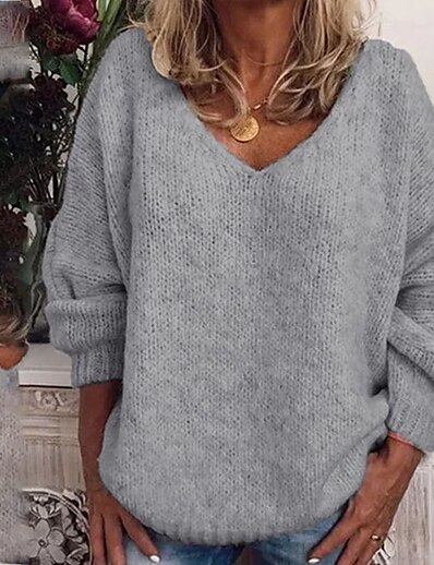 cheap Sweaters &amp; Cardigans-Women&#039;s Pullover Sweater Jumper Solid Color Knitted Stylish Casual Soft Long Sleeve Sweater Cardigans Fall Winter V Neck Gray White