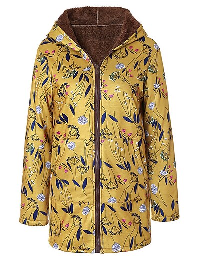 cheap Jackets-Women&#039;s Jacket Fall Winter Street Daily Regular Coat Warm Regular Fit Casual Jacket Long Sleeve Full Zip Pocket Floral Blue Yellow Army Green
