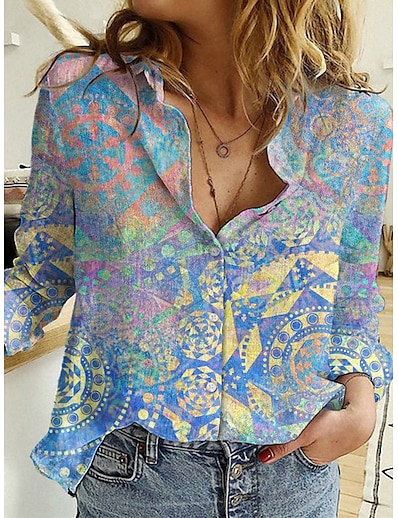 cheap Women&#039;s Tops-Women&#039;s Blouse Shirt Floral Theme Geometric Floral Graphic Geometric Shirt Collar Print Basic Tops Green Blue Purple
