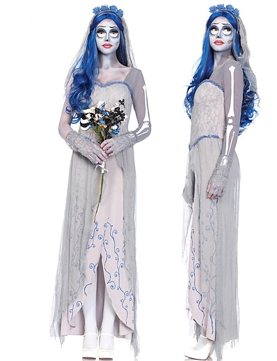 preiswerte Anime Cosplay-Gespenstische Braut Kleid Damen Erwachsene Kleid Festival Grusel Halloween Halloween Maskerade Fest / Feiertage Terylen Weiß Damen Einfach Karneval Kostüme Blumen