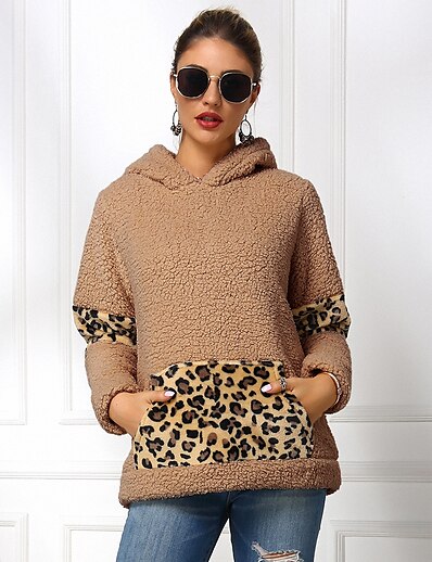 cheap Women&#039;s Tops-Women&#039;s Color Block Leopard Brown Hoodie Sweatshirt Front Pocket Print Daily Sports Active Streetwear Hoodies Sweatshirts  Black Khaki