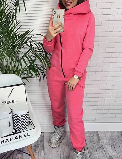 cheap Jumpsuits &amp; Rompers-Women&#039;s Jumpsuit Solid Colored Zipper Casual Hooded Sport Casual Long Sleeve Regular Fit Green Black Pink S M L Fall