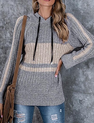 cheap Sweaters &amp; Cardigans-Women&#039;s Pullover Striped Knitted Elegant Long Sleeve Sweater Cardigans Fall Winter Hoodie Blue Grey
