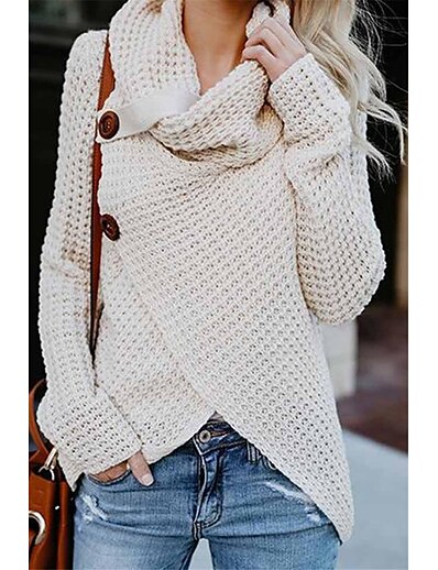 cheap Sweaters &amp; Cardigans-Women&#039;s Pullover Sweater Solid Color Knitted Button Stylish Basic Casual Long Sleeve Sweater Cardigans Fall Winter Turtleneck Wine Red Jean Blue Khaki