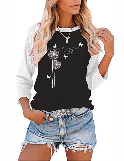 cheap Women&#039;s Tops-Women&#039;s T shirt Floral Theme Butterfly Painting Butterfly Dandelion Round Neck Print Basic Tops Green Black Gray