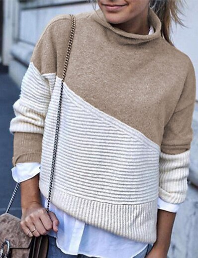 cheap Sweaters &amp; Cardigans-Women&#039;s Pullover Sweater Jumper Striped Knitted Stylish Casual Soft Long Sleeve Sweater Cardigans Fall Winter Turtleneck Khaki Light gray Dark Gray