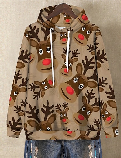 cheap Plus size-Women&#039;s Plus Size Tops Hoodie Sweatshirt Graphic Deer Long Sleeve Print Streetwear Festival V Neck Spandex Christmas Daily Fall Winter Red khaki