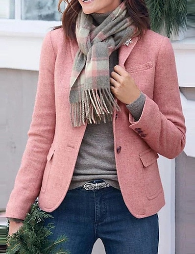 cheap Sweaters &amp; Cardigans-Women&#039;s Blazer Fall Winter Street Daily Regular Coat Warm Regular Fit Casual Jacket Long Sleeve Pocket Plain Pink Khaki