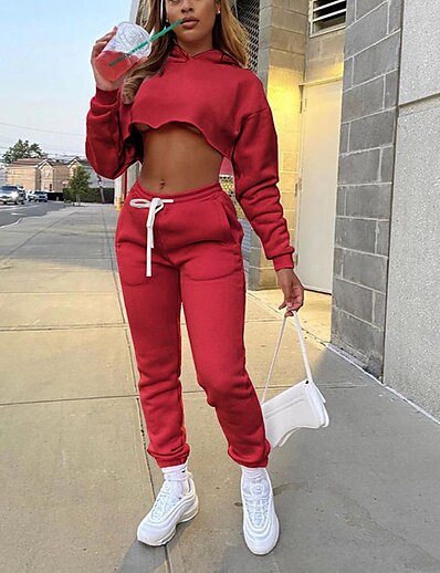 cheap Two Piece Set-Women&#039;s Women Active Basic Plain Sports Outdoor Causal Two Piece Set Hooded Pant Jogger Pants Crop Top Hoodie Tracksuit Drawstring Tops