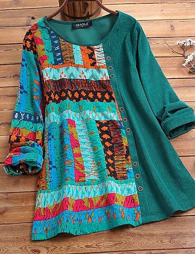 cheap Best Selling Plus Size-Women&#039;s Plus Size Tops Blouse Shirt Tribal Long Sleeve Splice Print Casual Vintage Streetwear Daily Crewneck Cotton Daily Outdoor Fall Spring Green Blue / Summer