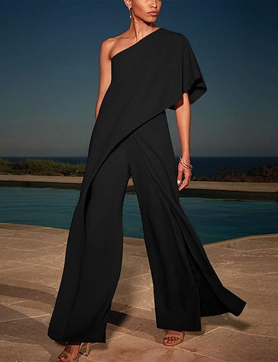 cheap Jumpsuits &amp; Rompers-Women&#039;s Jumpsuit Solid Color Patchwork Overlay Elegant One Shoulder Wide Leg Party Prom Short Sleeve Regular Fit Butterfly Sleeve Blue White Black S M L Fall