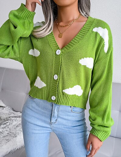 cheap Sweaters &amp; Cardigans-Women&#039;s Sweater Cardigan Clouds Knitted Vintage Style Elegant Long Sleeve Loose Sweater Cardigans Fall Winter V Neck Green Blue Pink