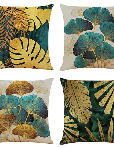 cheap Basic Collection-Set of 4 Throw Pillow Cases Open Branches and Loose Leaves Faux Linen Square Decorative Throw Pillow Cases Sofa Cushion Covers Outdoor Cushion for Sofa Couch Bed Chair Golden