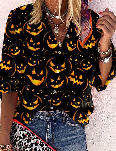 cheap Women&#039;s Tops-Women&#039;s Halloween Blouse Shirt Long Sleeve Graphic Pumpkin Standing Collar Button Print Streetwear Halloween Tops Regular Fit Blue Purple Orange / 3D Print