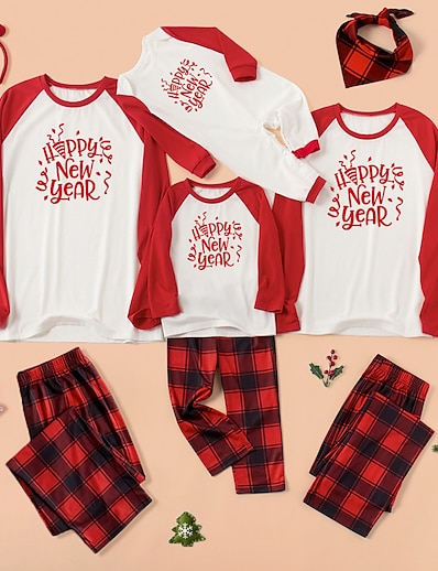cheap Family Matching Outfits-New Year Pajamas Family Look Daily Plaid Letter Patchwork White Red Long Sleeve Daily Matching Outfits / Fall / Winter / Cute / Print