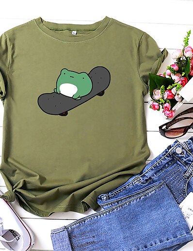 cheap Women&#039;s Tops-funny skateboarding frog shirt short sleeve crewneck cotton tops for couple (green,l)