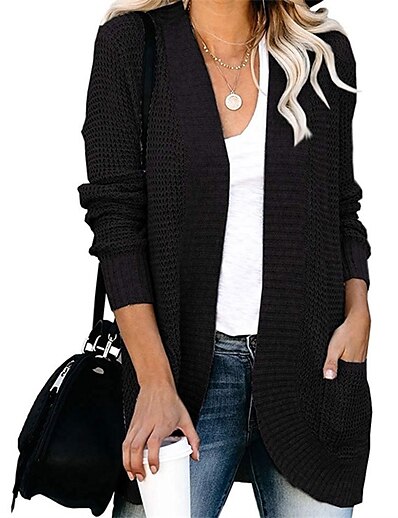 cheap Cardigans-Women&#039;s Cardigan Solid Color Pocket Knitted Basic Casual Chunky Long Sleeve Loose Sweater Cardigans Fall Winter Open Front Black Gray Purple / Daily / Holiday / Going out