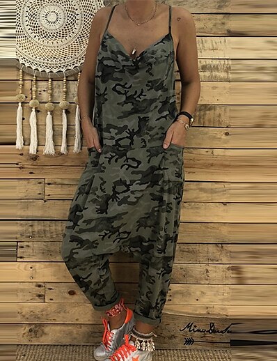 cheap Jumpsuits &amp; Rompers-Women&#039;s Jumpsuit Camo / Camouflage Backless Print Casual Strap Street Daily Wear Sleeveless Regular Fit White Black Pink S M L Fall
