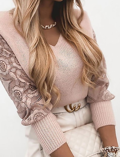 cheap Sweaters &amp; Cardigans-Women&#039;s Pullover Sweater Solid Color Knitted Casual Long Sleeve Sweater Cardigans Fall Winter V Neck Blushing Pink Gray