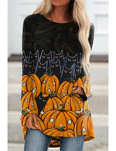 cheap Women&#039;s Tops-Women&#039;s T shirt Cat Painting Cat Pumpkin Round Neck Print Basic Halloween Tops Black / 3D Print