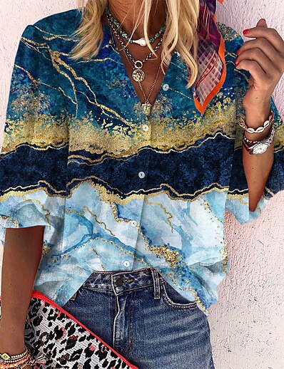cheap Women&#039;s Tops-Women&#039;s Blouse Shirt Graphic Abstract Standing Collar Button Print Casual Streetwear Tops Blue / 3D Print