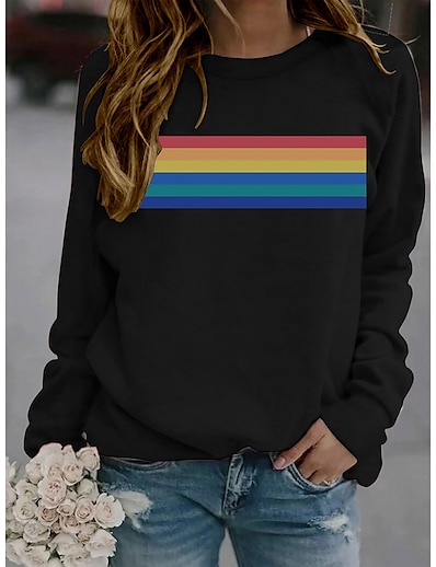 cheap Women&#039;s Tops-Women&#039;s T shirt Rainbow Graphic Round Neck Basic Casual Tops Green Black Gray