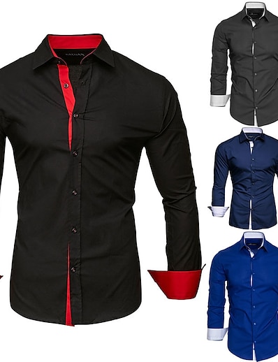 cheap Men-Men&#039;s Shirt Solid Colored Collar Classic Collar Wedding Street Long Sleeve Patchwork Slim Tops Cotton Business Basic Fashion Breathable White Black Royal Blue / Spring / Summer / Winter