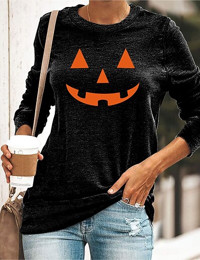cheap Women&#039;s Tops-Women&#039;s T shirt Graphic Pumpkin Round Neck Print Halloween Tops Blue Green Dusty Blue
