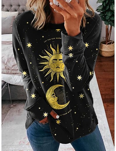 cheap Women&#039;s Tops-Women&#039;s Moon Galaxy Star Print Sweatshirt Pullover Print 3D Print Casual Sports Active Streetwear Hoodies Sweatshirts  Black