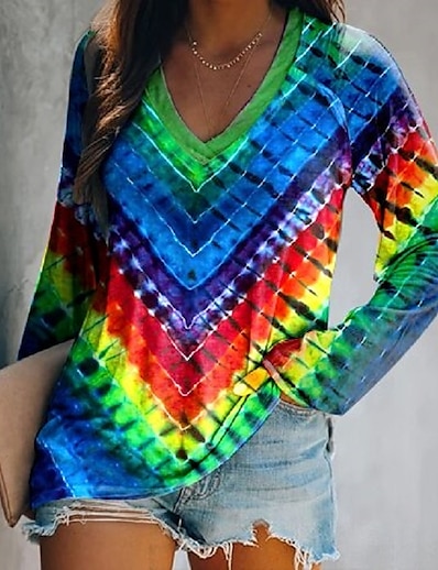 cheap Women&#039;s Tops-Women&#039;s T shirt Geometric Painting Rainbow V Neck Patchwork Print Beach Tops Rainbow
