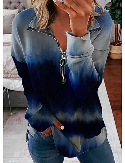 cheap Women&#039;s Tops-Women&#039;s Blouse 3D Printed Tie Dye Square Neck Zipper Print Basic Tops Loose Batwing Sleeve Blue / Long