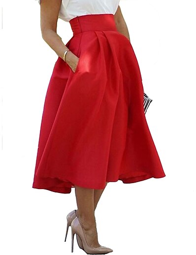 cheap Women&#039;s Bottoms-Women&#039;s Chic &amp; Modern Elegant Knee Length Swing Skirts Party / Evening Office / Career Solid Colored High Waist Pleated Black Red S M L