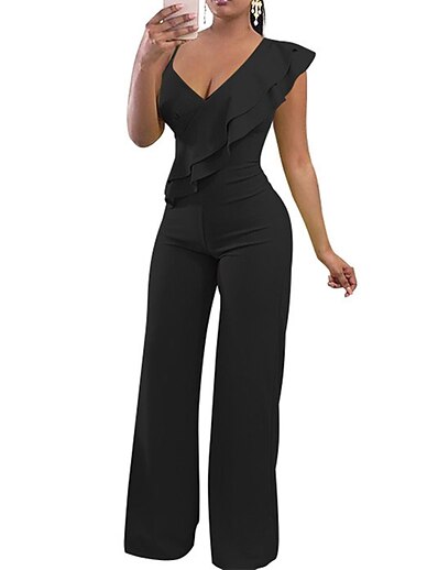 cheap Jumpsuits &amp; Rompers-Women&#039;s Jumpsuit Solid Colored Ruffle Casual V Neck Street Daily Wear Sleeveless Regular Fit White Black Wine S M L Fall